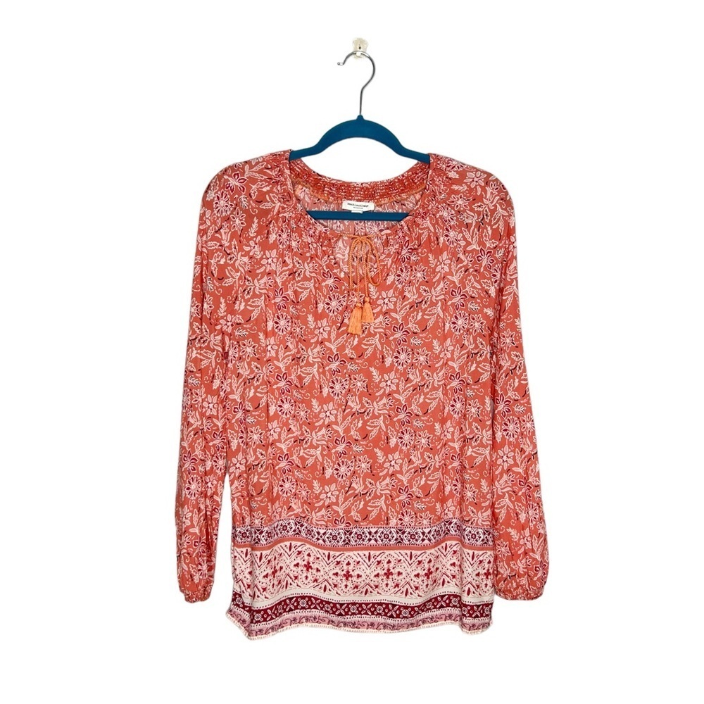 BeachLunchLounge Louisa Peach Boho Floral Tassel Tie Neck Blouse